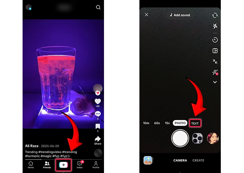Open TikTok and tap the + button